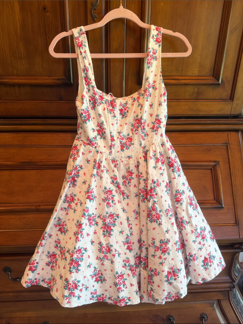 Floral Cream and Pink Sleeveless Fit-and-Flare dress